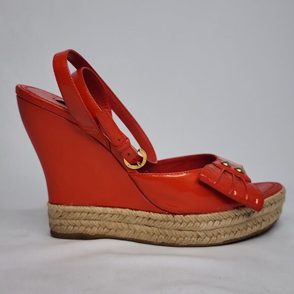 Louis Vuitton Red Patent Leather Espadrille Wedge Sandals Gold Hardware Size 40 - Picture 13 of 16